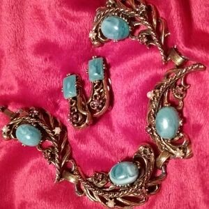 Vintage mid-century bracelet and earrings turquoise green color